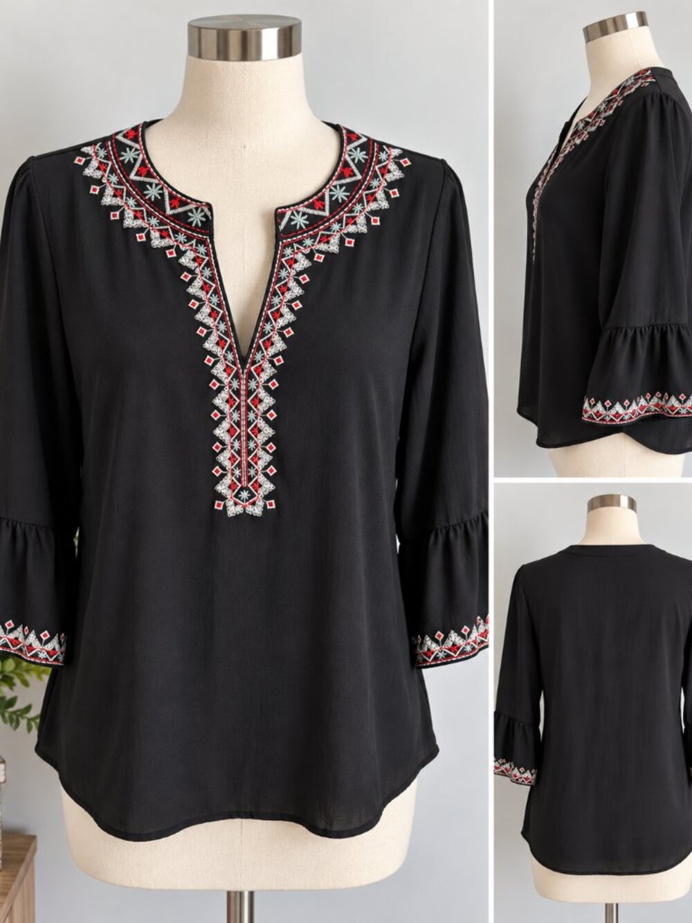 Navy Blue Embroidered Boho Peasant Blouse Women's Large 3/4 Bell Sleeve
